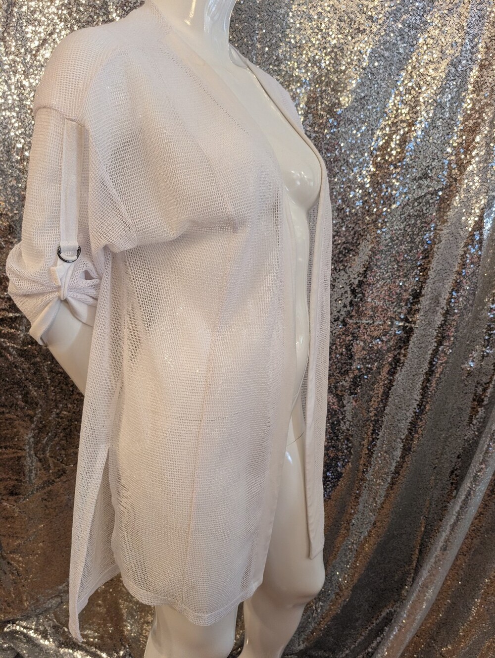Picadilly White Open-Front Mesh Cardigan / Cover-Up – Size Large (Made in Canada